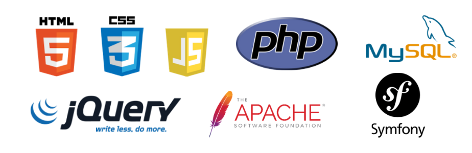 Logos des technologies : HTML5, CSS3, JS, PHP, MySQL, jQuery, Apache, Symfony