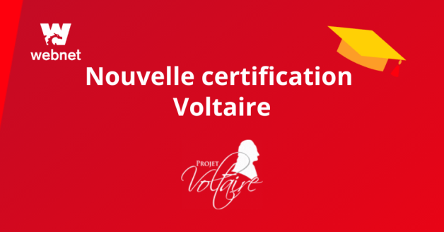 Image animée où il y est écrit "certification voltaire" avec le logo de Webnet