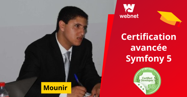 Il y est écrit : "certification avancée Symfony 5" avec une photo de Mounir